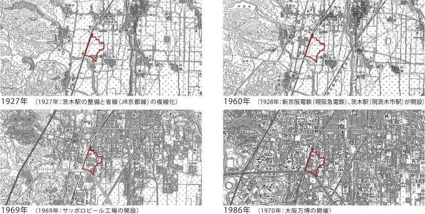 図3-3　茨木地区の地形図（1927年〜1986年（1/25000））