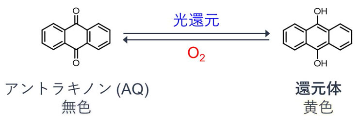 図1．アントラキノン（AQ）の光還元に基づくフォトクロミック反応