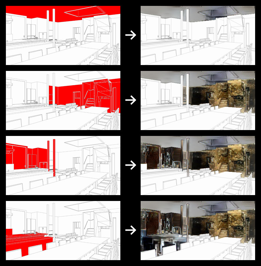 インテリアパースのセクションごとにさまざまなスタイルを転写し内観イメージをシミュレート