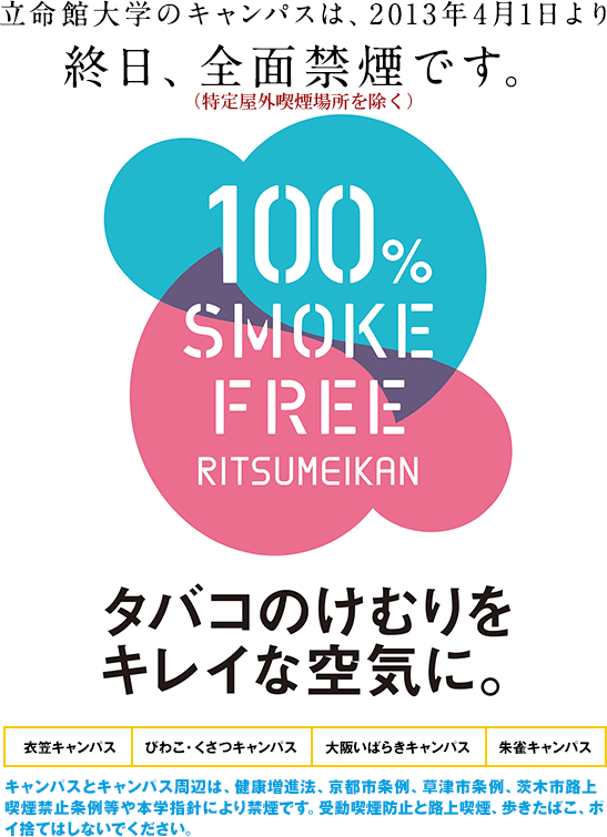 立命館大学のキャンパスは、2013年4月1日より終日、全面禁煙です。 100% Smoke Free Ritsumeikan