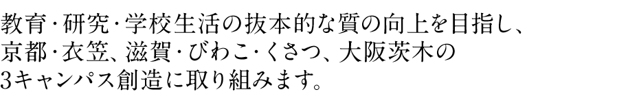 教育・研究・学校生活の抜本的な質の向上を目指し、京都・衣笠、滋賀・びわこ・くさつ、大阪・茨木（仮称）の3キャンパス創造に取り組みます。