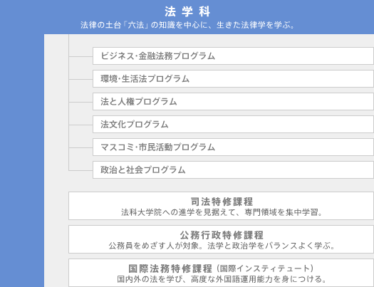 6つの専門化プログラムと3つの特修課程について 法学科(法律の土台「六法」の知識を中心に、生きた法律学を学ぶ。)  ビジネス・金融法務プログラム、環境・生活法プログラム、法と人権プログラム、法文化プログラム、マスコミ・市民活動プログラム、政治と社会プログラム、司法特修課程（法科大学院への進学を見据えて、専門領域を集中学習。）、公務行政特修課程（公務員をめざす人が対象。法学と政治学をバランスよく学ぶ。）、国際法務特修課程（国内外の法を学び、高度な外国語運用能力を身につける。）