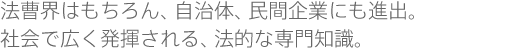法曹界はもちろん、自治体、民間企業にも進出。社会で広く発揮される、法的な専門知識。