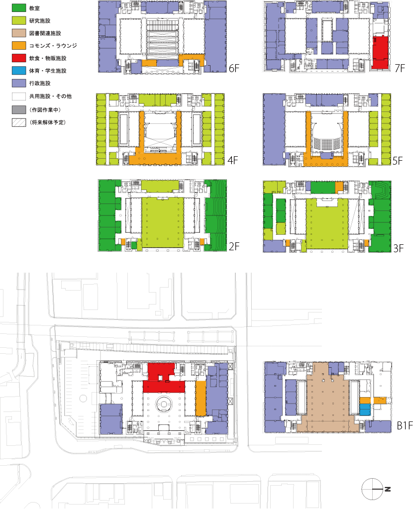 図3-19　朱雀キャンパスの機能分布各階平面図