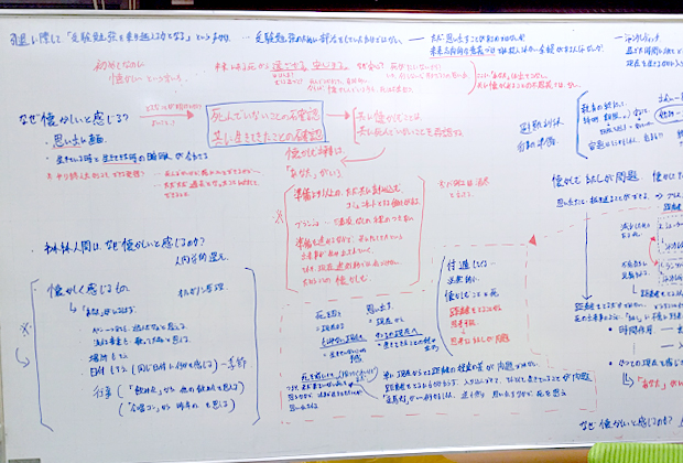 よくホワイトボードを使って、自分の考えをまとめていました。