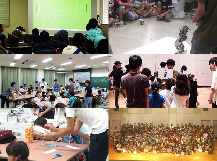 左列：Ri-one、草津天文研究会、音響工学研究会／右列：ロボット技術研究会、E.S.S.、集合写真