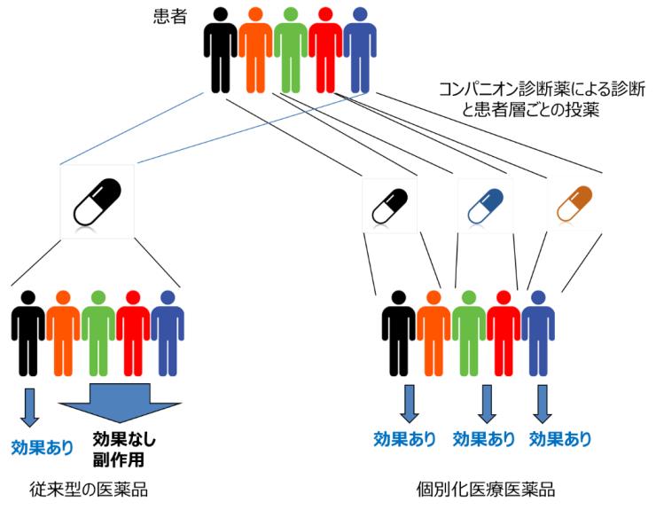 図１　従来型医療（左）とオーダーメイド医療（右）の違い