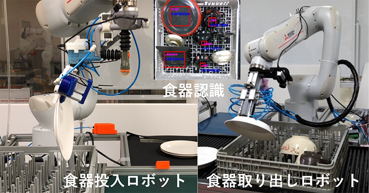 ロボットによる食器の自動投入、自動取り出し作業