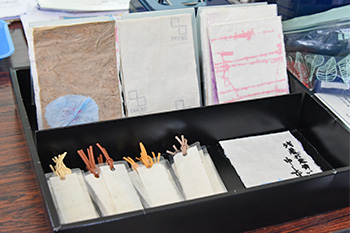 受付には、学生が制作したポストカードやしおりが並べられていた