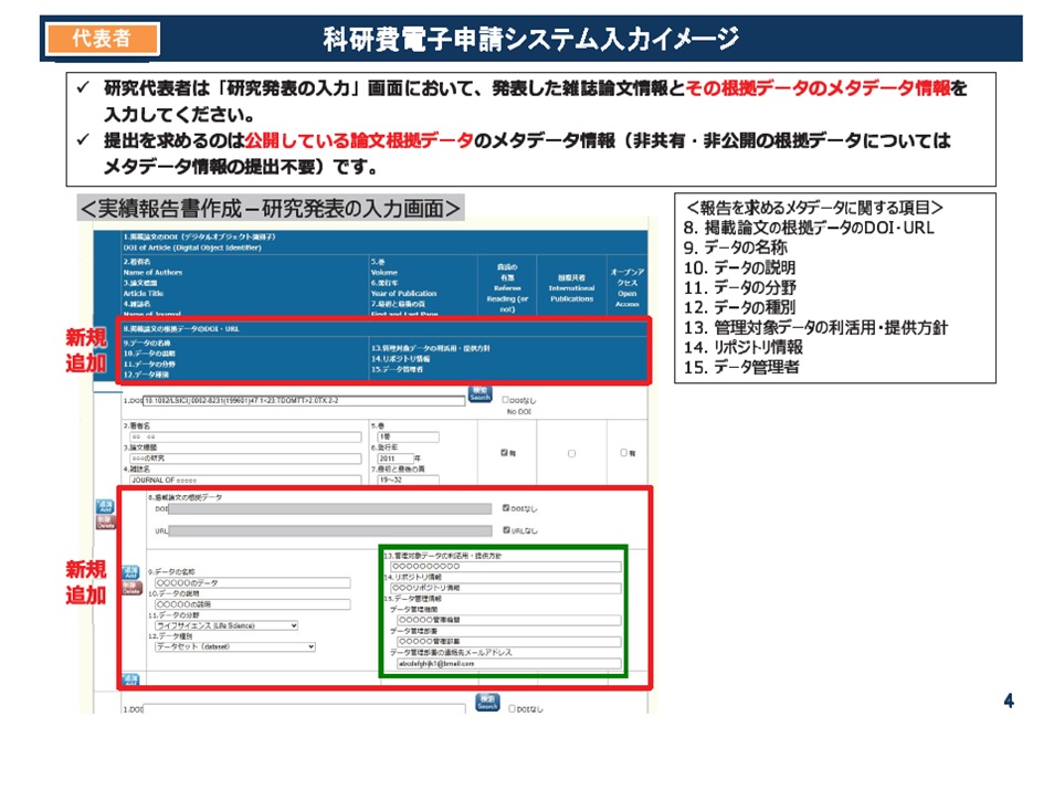 論文根拠データのメタデータ情報の入力イメージ