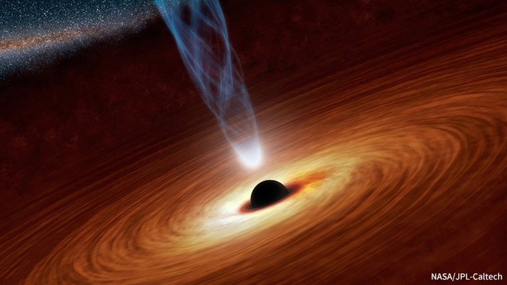 図１：超巨大ブラックホール周辺の想像図。銀河中心にあるブラックホールにガスが落ち込むと、周囲に高温のガス円盤ができ、強い光を放ちます。天体によっては電波ジェットを伴うこともあります。超巨大ブラックホールが明るく輝く天体を「クエーサー」と呼びます。