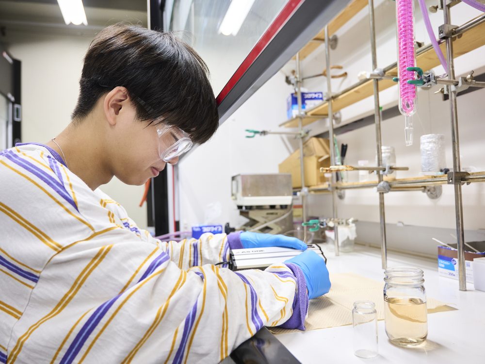 A student carrying out a synthesis in a fume hood