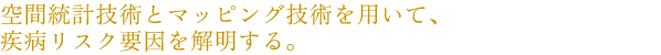 空間統計技術とマッピング技術を用いて、疾病リスク要因を解明する。