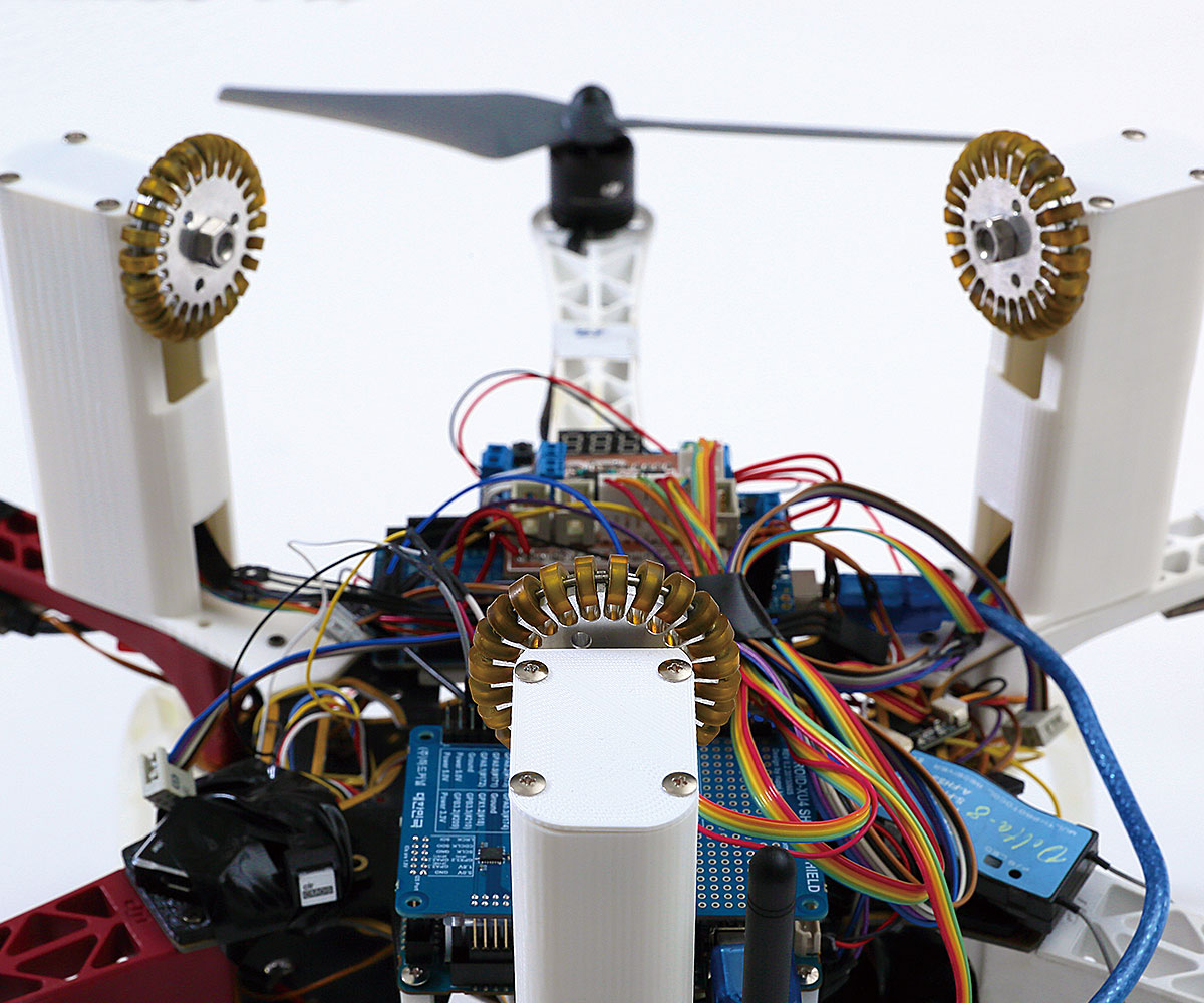 Flying robot that enables high-precision positioning by moving, while pushing wheels to the ceiling