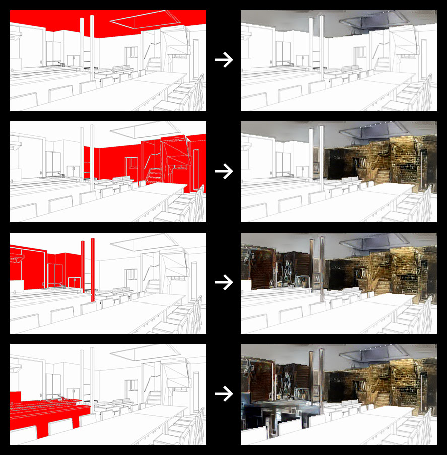 Simulating an interior image by transferring various styles of photographs onto different areas in an interior perspective drawing.