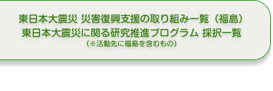 東日本大震災　災害復興支援の取り組み一覧（福島）、東日本大震災に関る研究推進プログラム　採択一覧（※活動先に福島を含むもの）