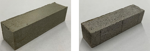 左：廃棄コンクリート粉を使用した硬化体、右：月の模擬砂（レゴリス）を使用した硬化体